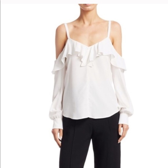 NWT A.L.C. Felix Silk Cold Shoulder Long Sleeve Ruffle Top Blouse Gesso 6 $325 - Picture 1 of 11